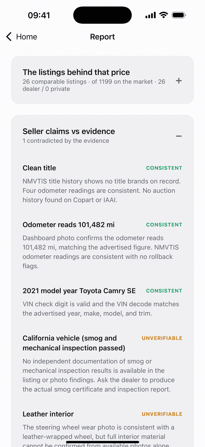 Seller claims checked against evidence: clean title, odometer and model year marked consistent with NMVTIS and VIN records, one claim contradicted, unverifiable claims labelled honestly