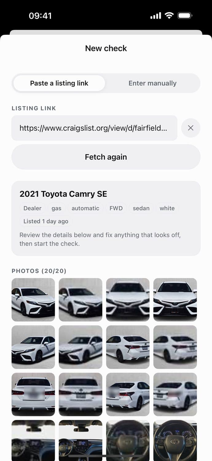 A pasted Craigslist link auto-filled into a new check: 2021 Toyota Camry SE, dealer, 20 photos read from the ad
