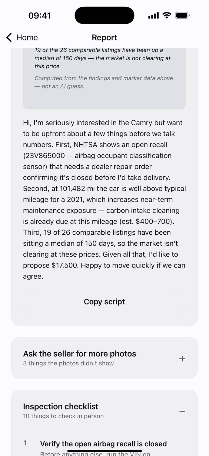 Negotiation script with leverage computed from market data: 19 of 26 comparable listings sitting a median of 150 days, an open recall to close, and a $17,500 opening offer