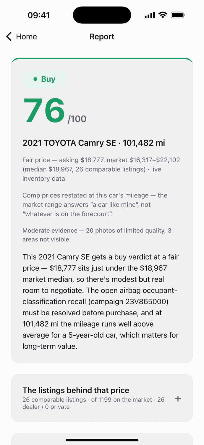 SiftCar report showing a Buy 76/100 verdict for a 2021 Toyota Camry SE asking $18,777 against a $16,317–$22,102 market range from 26 comparable listings, with an open airbag recall and above-average mileage called out